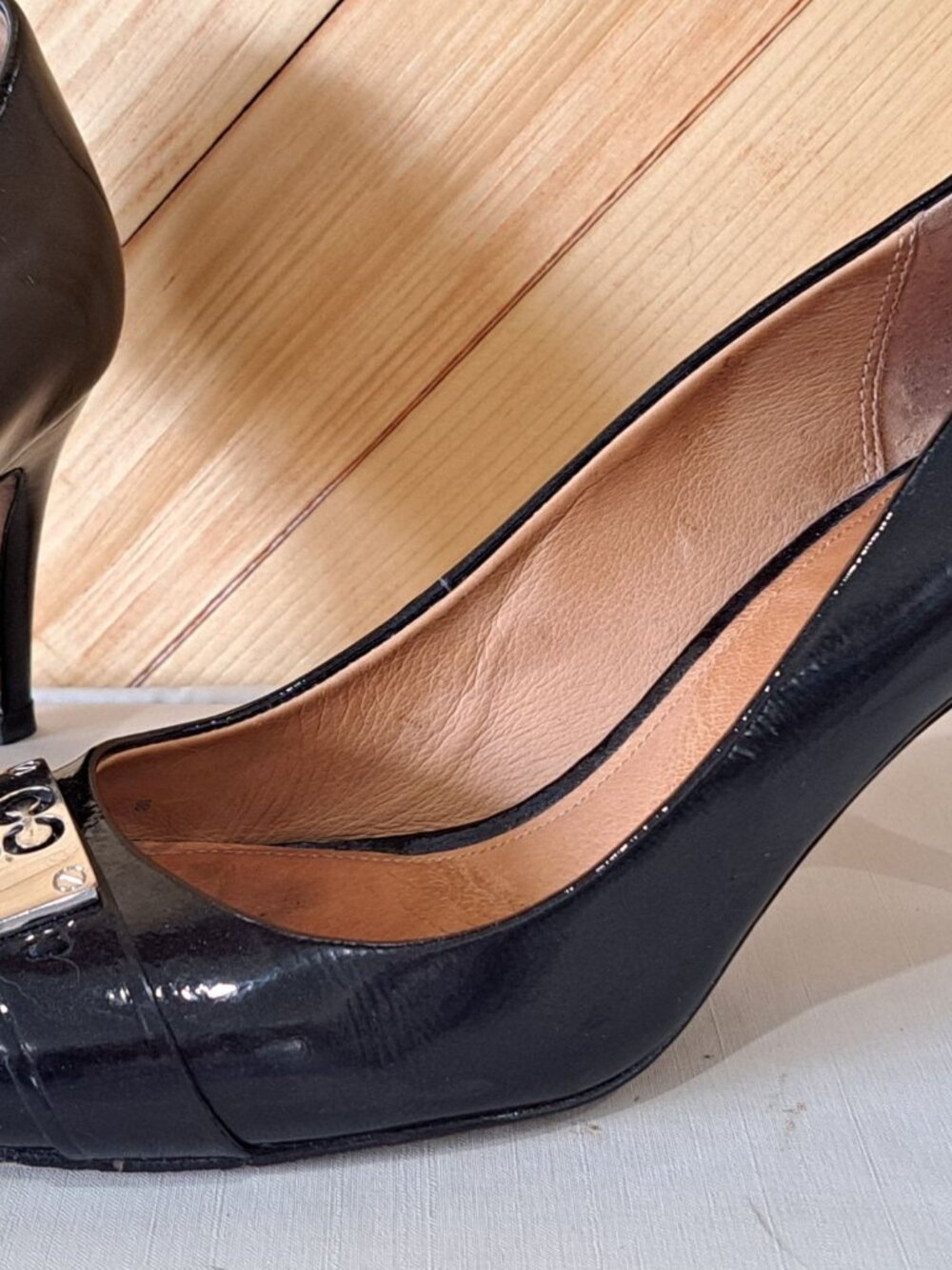 Coach Whitney Patent Leather Black Heels Shoes Monogram Buckle Size 8 B Luxury - Picture 3 of 11